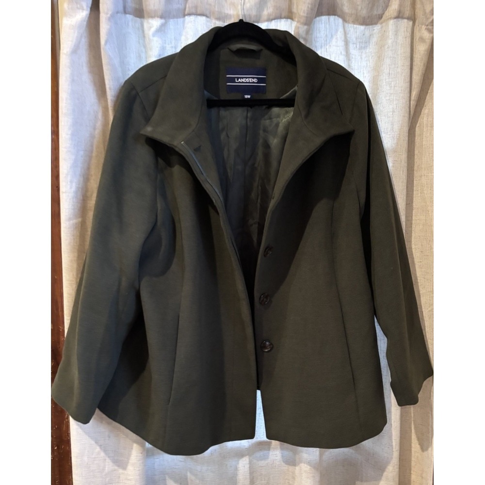 Lands End Womens Plus 18W Olive Green Peacoat Lined‎ Hidden Button Front Coat